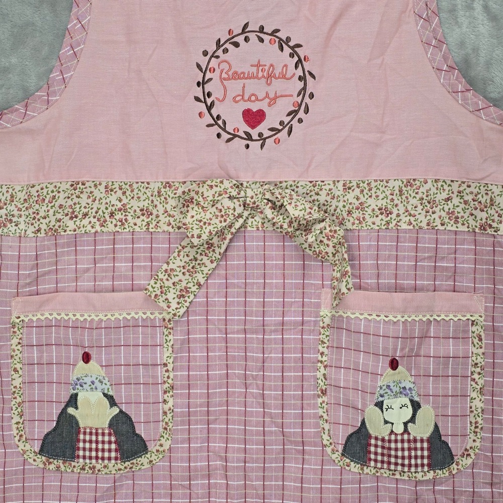 KC Trading Co Apron Women One Size Pink Gingham Embroidered Beautiful Day Kawaii - Picture 11 of 16